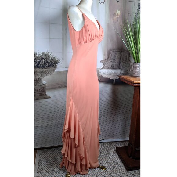 Cachet Lovely Pink Peach Chiffon Ruffle Evening Dress Long Gown sz 8 V-Neck - Picture 6 of 10